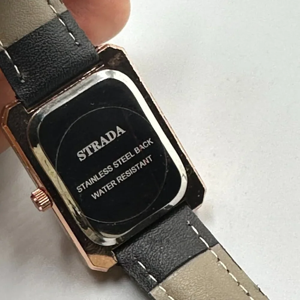 Strada Watch Women Rose Gold Tone Black Dial Crystal Bezel New Battery 9
